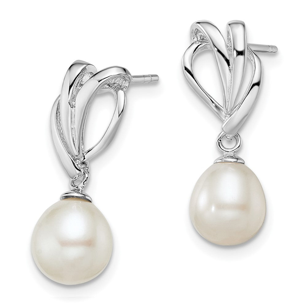 Sterling Silver Rhodium-plated 7-8mm White Rice Freshwater Cultured Pearl Post Dangle Earrings