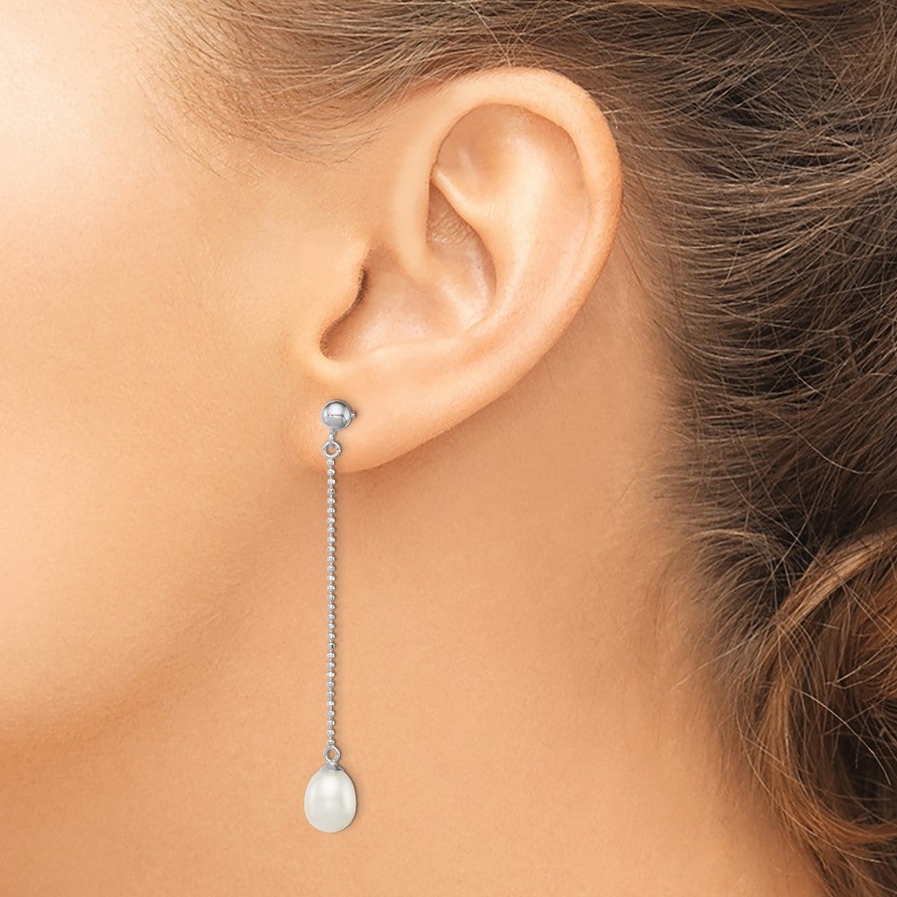 Sterling Silver Rhodium-plated 7-8mm White Rice Freshwater Cultured Pearl Post Dangle Earrings