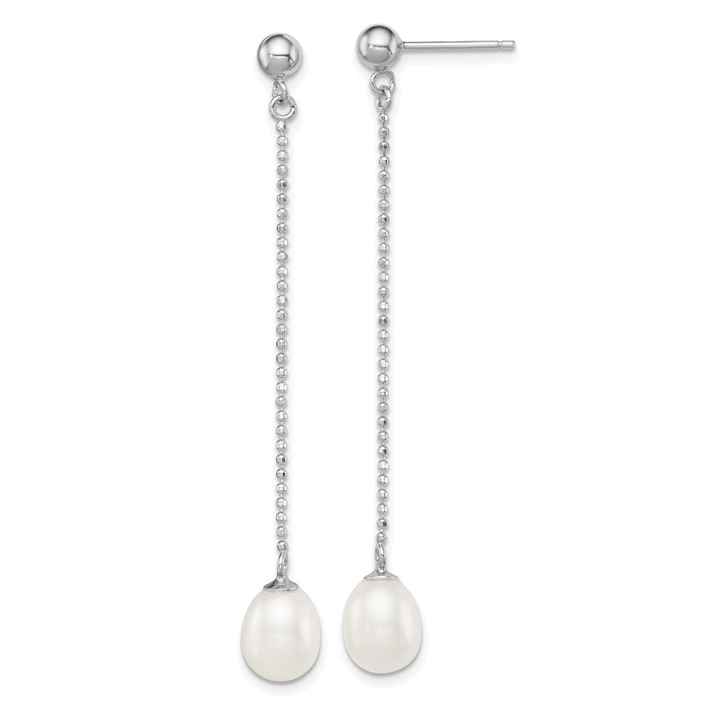 Sterling Silver Rhodium-plated 7-8mm White Rice Freshwater Cultured Pearl Post Dangle Earrings