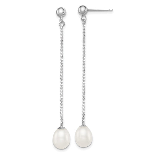 Sterling Silver Rhodium-plated 7-8mm White Rice Freshwater Cultured Pearl Post Dangle Earrings