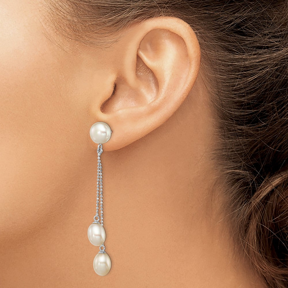 Sterling Silver Rhodium-plated 6-9mm White Rice and Button Freshwater Cultured 3-Pearl Post Dangle Earrings
