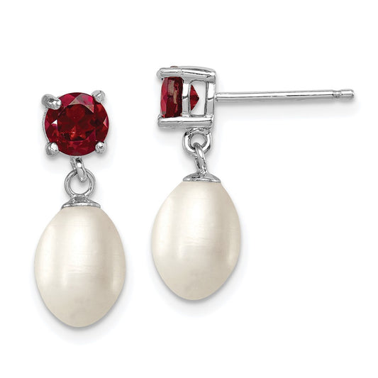 Sterling Silver Rhodium-plated 7-8mm White Teardrop Freshwater Cultured Pearl and 1.26GA Garnet Post Dangle Earrings