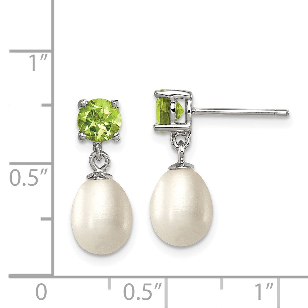 Sterling Silver Rhodium-plated 7-8mm White Teardrop Freshwater Cultured Pearl and 1.12PE Peridot Post Dangle Earrings