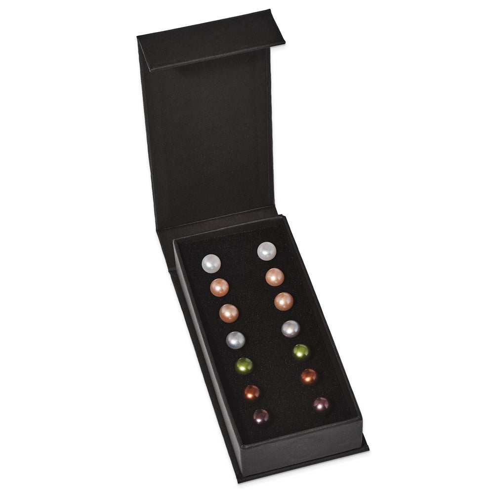 Sterling Silver Rhodium-plated 8-9mm Multi-color Button Freshwater Cultured Pearl Set of 7 Post Earrings
