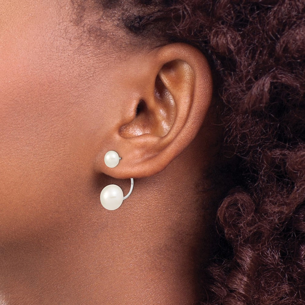 Sterling Silver Rhodium-plated 5-6mm and 8-9mm White Button Freshwater Cultured Pearl Front and Back Post Dangle Earrings