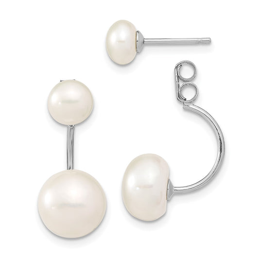 Sterling Silver Rhodium-plated 5-6mm and 8-9mm White Button Freshwater Cultured Pearl Front and Back Post Dangle Earrings