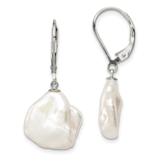 Sterling Silver Rhodium-plated 13-15mm White Keshi Freshwater Cultured Pearl Leverback Dangle Earrings
