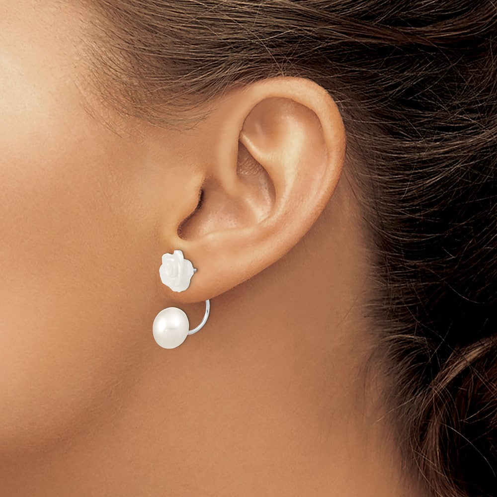 Sterling Silver Rhodium-plated 8-9mm White Button Freshwater Cultured Pearl and Mother Flower Front and Back Post Earrings