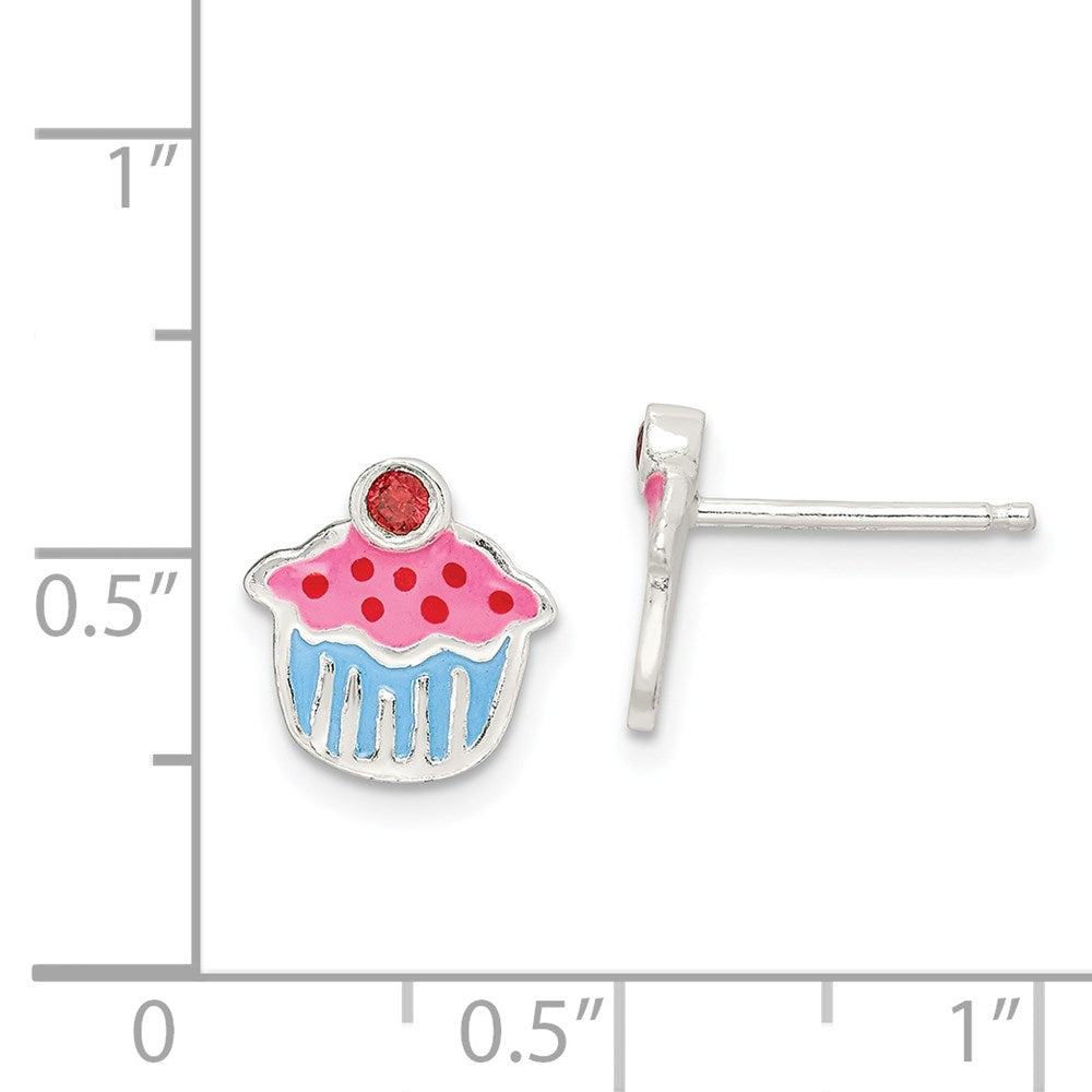 Sterling Silver Polished Enamel Garnet Cupcake Post Earrings