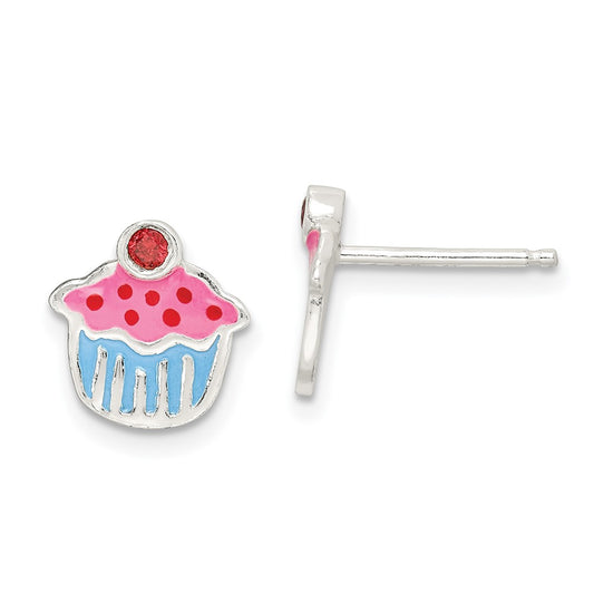 Sterling Silver Polished Enamel Garnet Cupcake Post Earrings