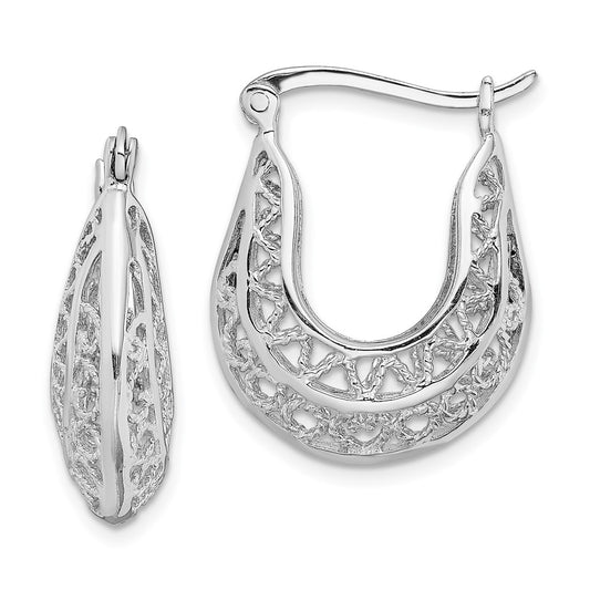 Sterling Silver Rhodium-plated Polished & Filigree Hoop Earrings
