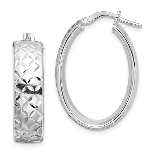 Sterling Silver Rhod-plated Polished & D/C 7.5mm Oval Hoop Earrings