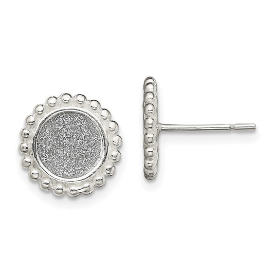 Sterling Silver Polished & Beaded Enamel Glitter Fabric Round Post Earrings