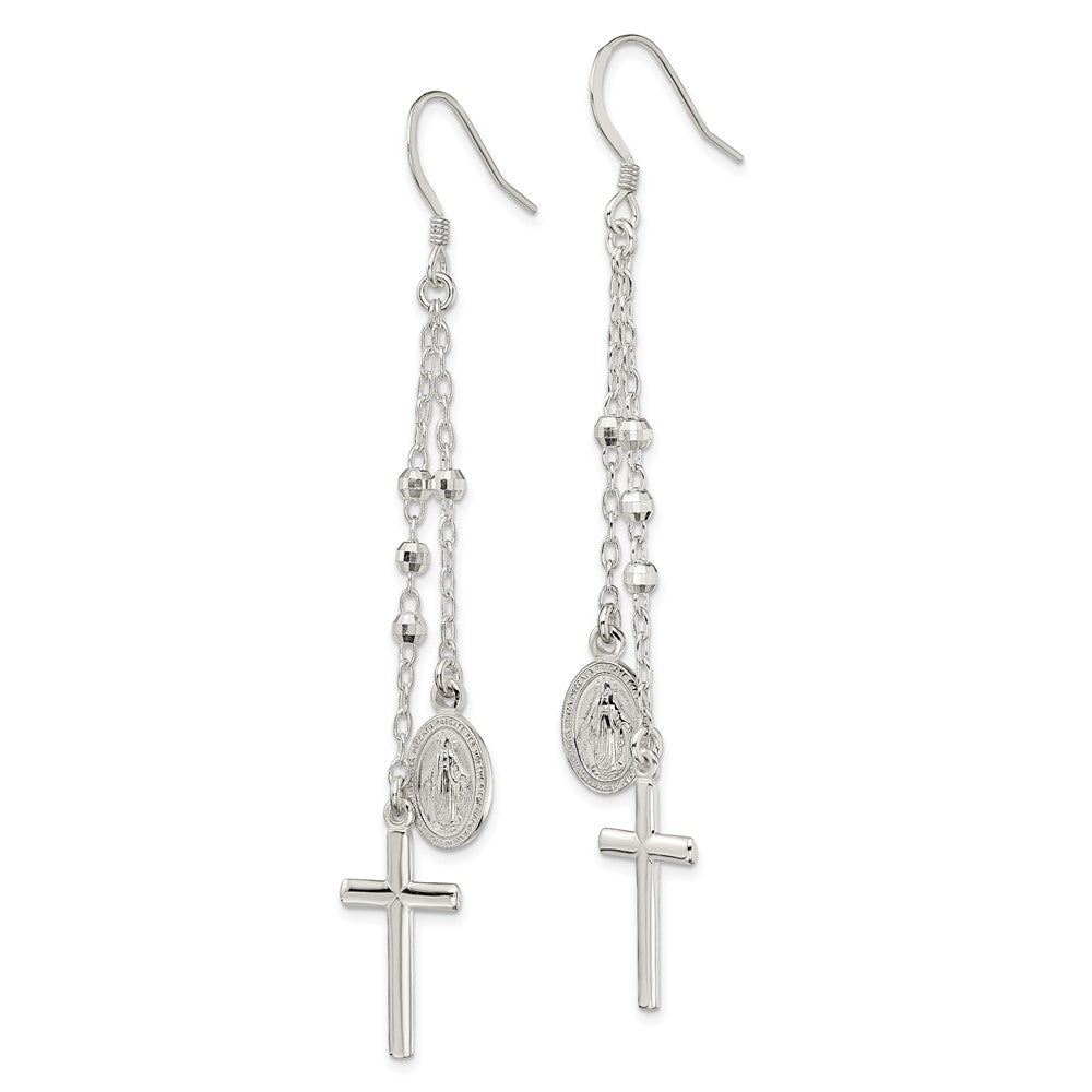 Sterling Silver Polished Virgin Mary Medal & Latin Cross Beaded Multi-Strand Dangle Earrings