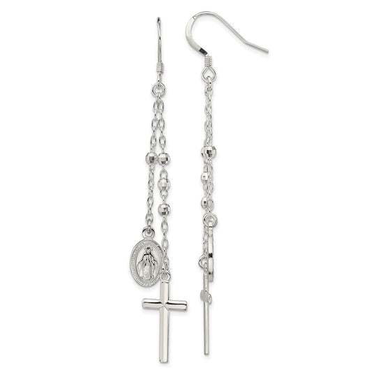 Sterling Silver Polished Virgin Mary Medal & Latin Cross Beaded Multi-Strand Dangle Earrings