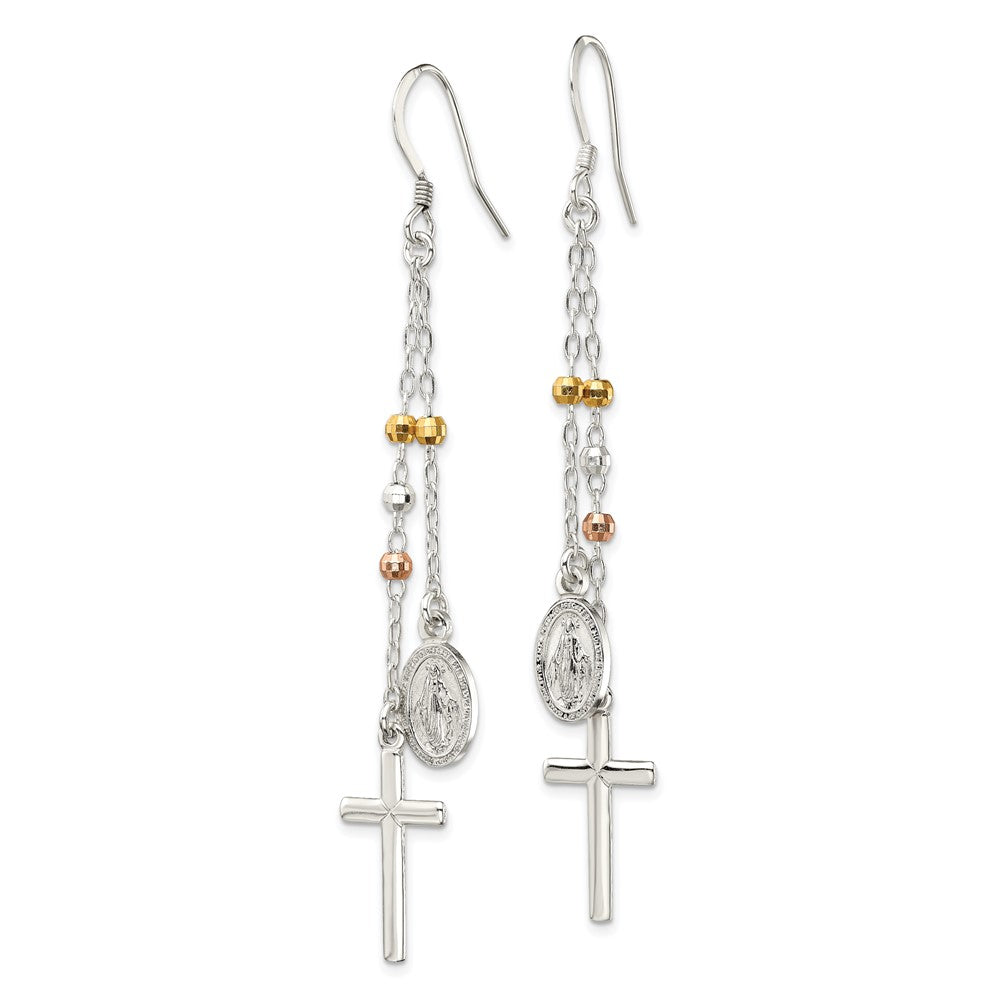 Sterling Silver w/ Gold-tone & Rose-tone Polished Virgin Mary Medal & Latin Cross Beaded Multi-Strand Dangle Earrings