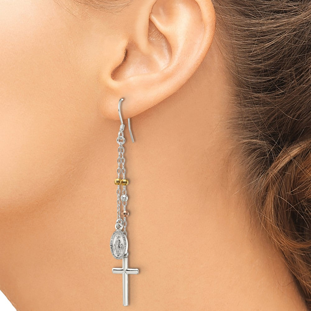 Sterling Silver w/ Gold-tone & Rose-tone Polished Virgin Mary Medal & Latin Cross Beaded Multi-Strand Dangle Earrings