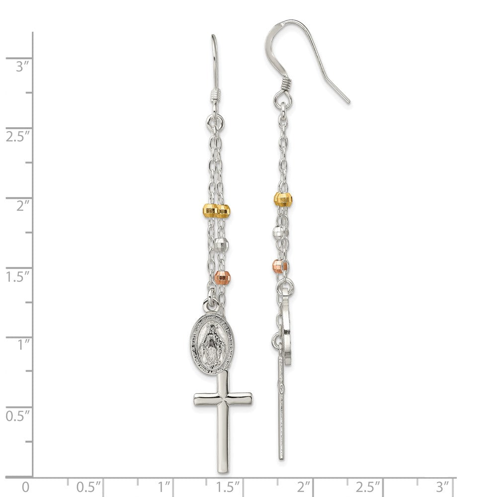 Sterling Silver w/ Gold-tone & Rose-tone Polished Virgin Mary Medal & Latin Cross Beaded Multi-Strand Dangle Earrings