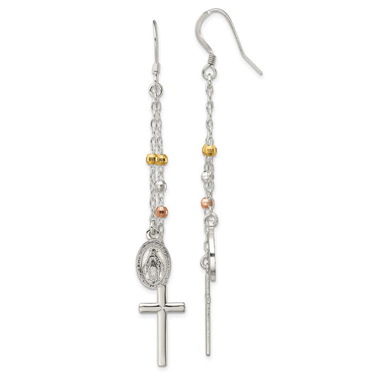 Sterling Silver w/ Gold-tone & Rose-tone Polished Virgin Mary Medal & Latin Cross Beaded Multi-Strand Dangle Earrings