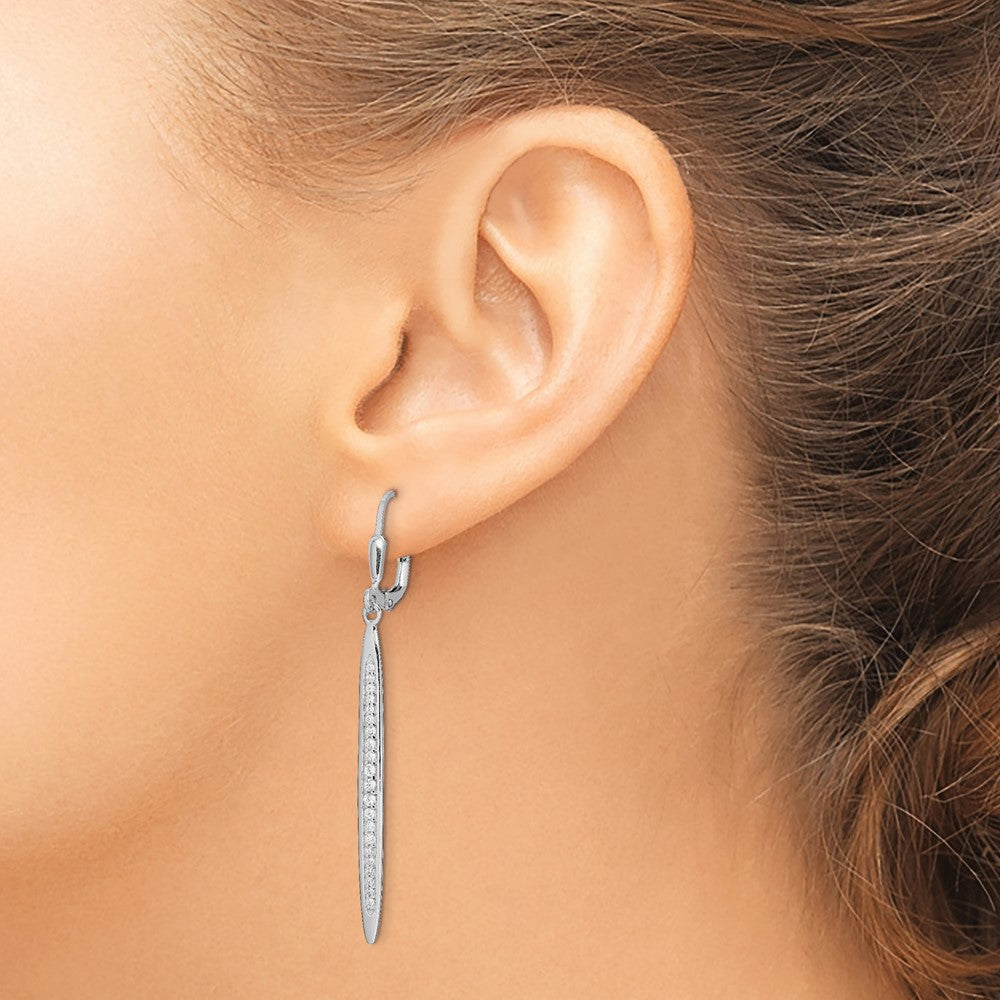 Sterling Silver Rhodium-plated Polished CZ Bar Leverback Dangle Earrings