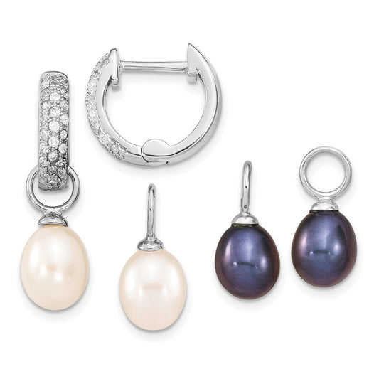 Sterling Silver Rhodium-plated 7-8mm Black and White Rice Freshwater Cultured Pearl and CZ Interchangeable Post Earrings Set