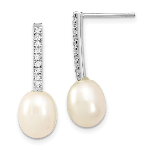 Sterling Silver Rhodium-plated 8-9mm White Rice Freshwater Cultured Pearl and CZ Post Dangle Earrings