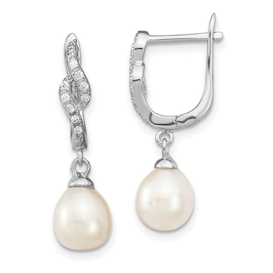 Sterling Silver Rhodium-plated 7-8mm White Teardrop Freshwater Cultured Pearl and CZ Dangle Leverback Earrings