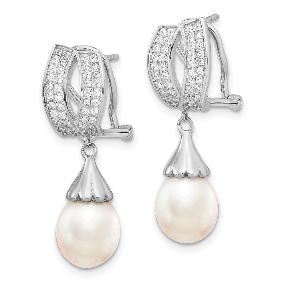 Sterling Silver Rhodium-plated 8-9mm Rice FWC Pearl CZ Omega Back Earrings