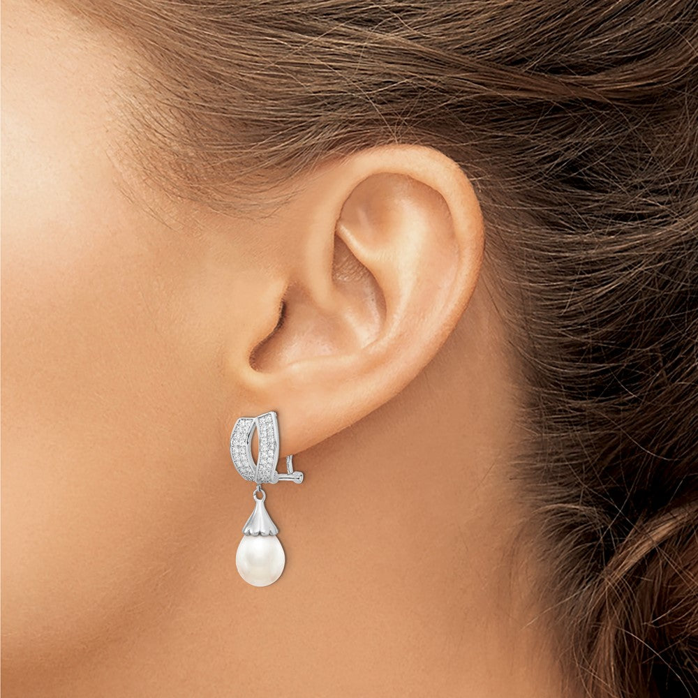 Sterling Silver Rhodium-plated 8-9mm Rice FWC Pearl CZ Omega Back Earrings