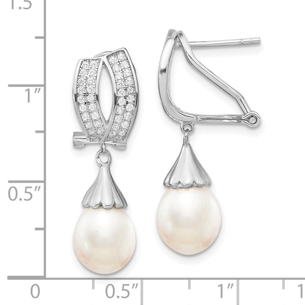 Sterling Silver Rhodium-plated 8-9mm Rice FWC Pearl CZ Omega Back Earrings