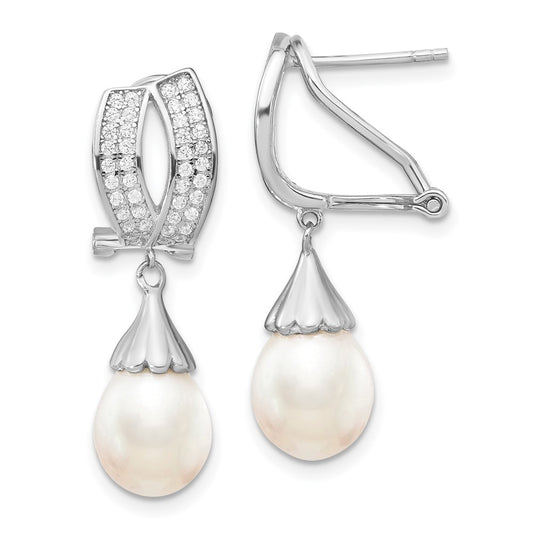 Sterling Silver Rhodium-plated 8-9mm Rice FWC Pearl CZ Omega Back Earrings