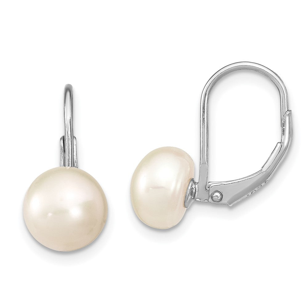 Sterling Silver Rhodium-plated 8-9mm White Button Freshwater Cultured Pearl Leverback Earrings