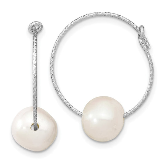 Sterling Silver Rhodium-plated 8-9mm White Round Freshwater Cultured Pearl Hoop Earrings