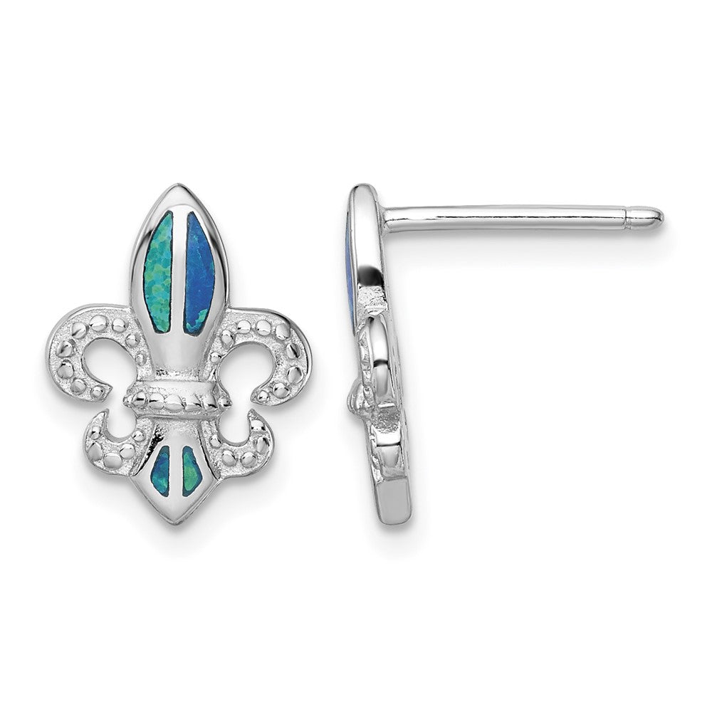 Sterling Silver Rhodium-plated Polished & Beaded Blue Created Opal Fleur De Lis Post Earrings