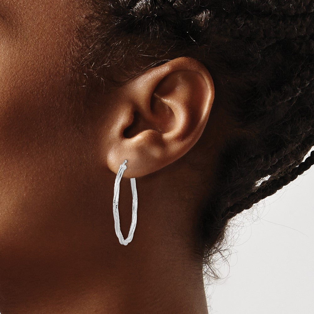 Sterling Silver Rhodium Plated 2x35mm Twisted Hoop Earrings