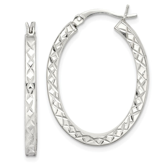 Sterling Silver Diamond-cut 2.5mm Oval Hoop Earrings