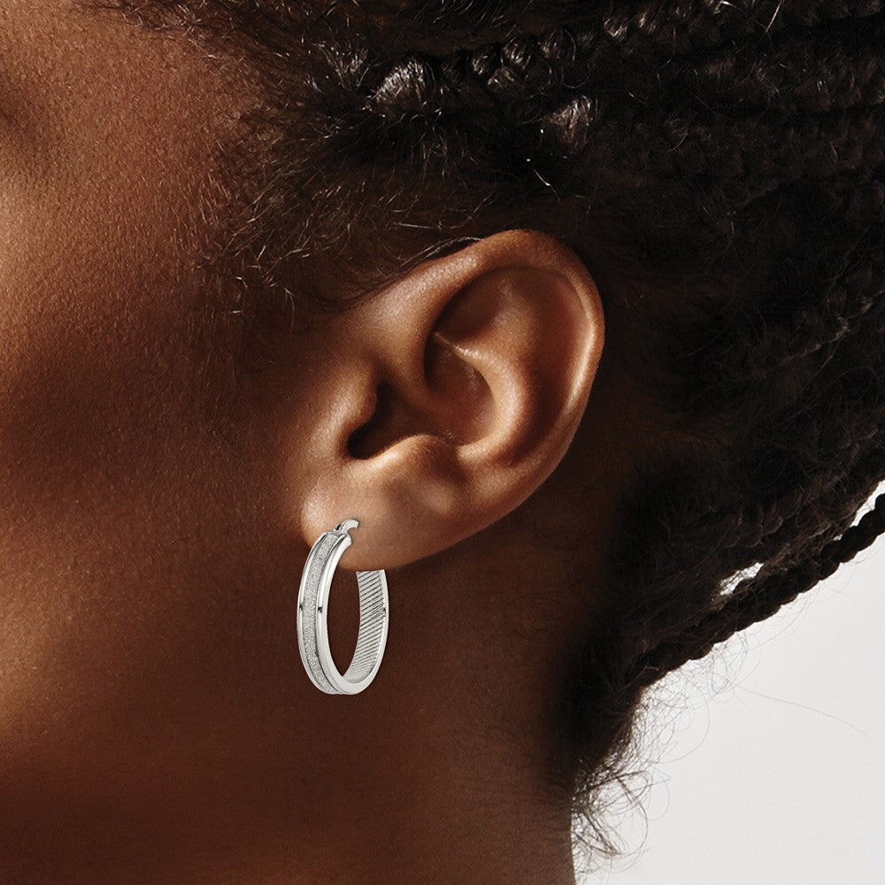 Sterling Silver Rhod-plated Glitter Infused 4.5mm Round Hoop Earrings