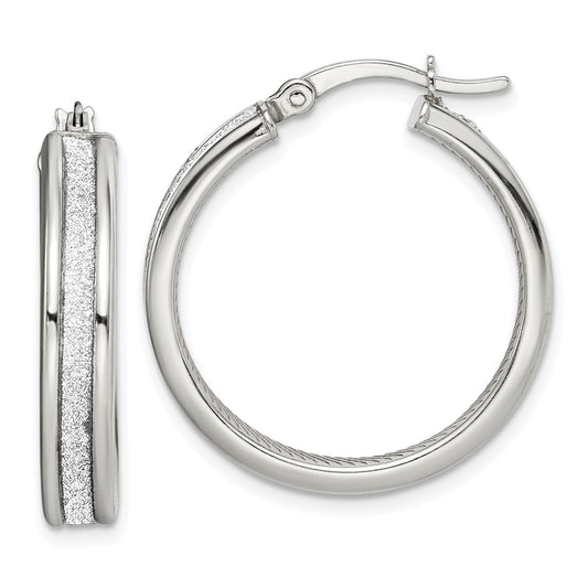 Sterling Silver Rhod-plated Glitter Infused 4.5mm Round Hoop Earrings