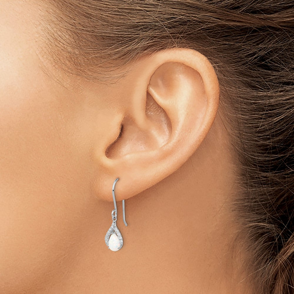 Sterling Silver Rhodium Plated CZ and Lab Created Opal Dangle Earrings
