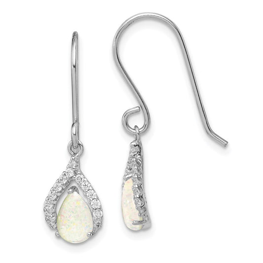 Sterling Silver Rhodium Plated CZ and Lab Created Opal Dangle Earrings