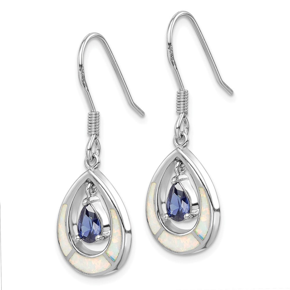Sterling Silver Rhodium-plated Polished Created Opal & Blue CZ Teardrop Dangle Earrings