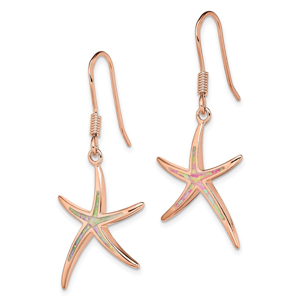 Sterling Silver Rose-tone Created Opal Inlay Star Fish Dangle Earrings