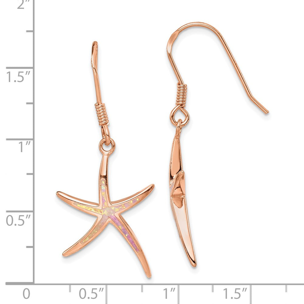 Sterling Silver Rose-tone Created Opal Inlay Star Fish Dangle Earrings