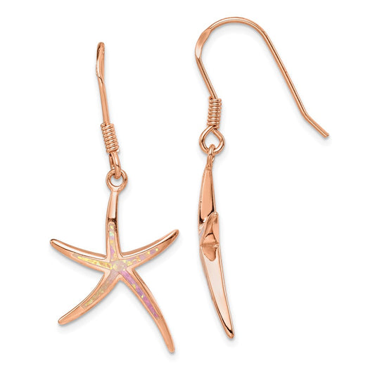 Sterling Silver Rose-tone Created Opal Inlay Star Fish Dangle Earrings