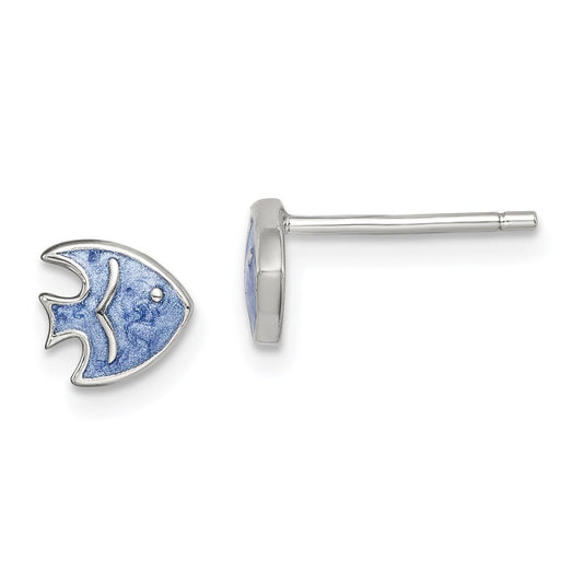 Sterling Silver Rhodium-plated Polished Blue Enameled Fish Post Earrings