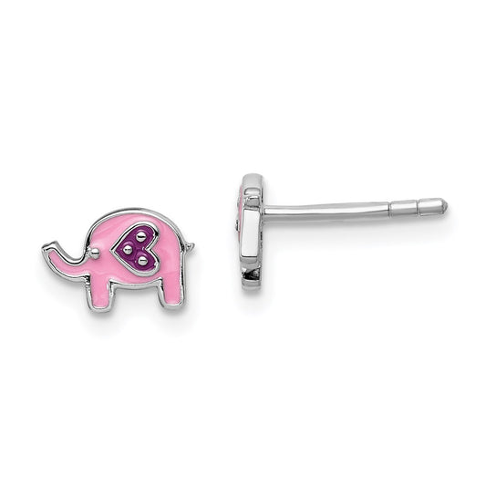 Sterling Silver Rhodium-plated Polished Pink & Purple Enameled Elephant Children's Post Earrings