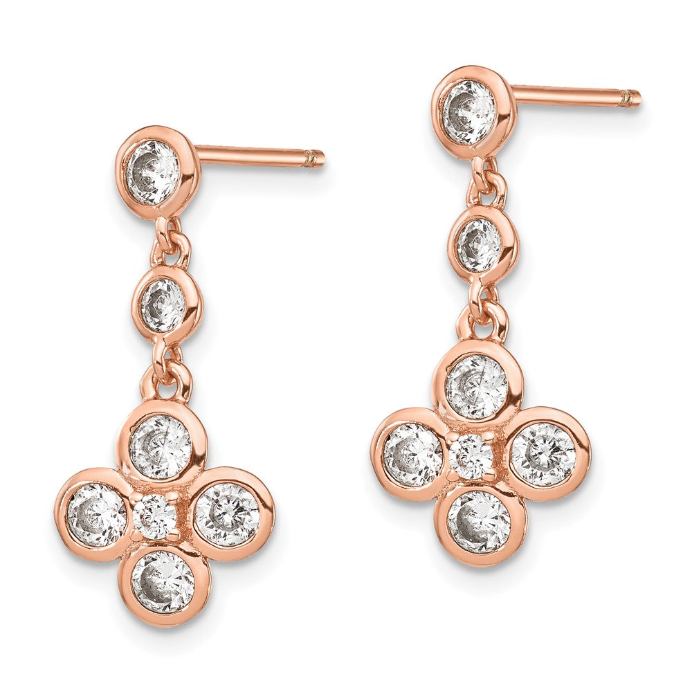 Sterling Silver Rose-tone Polished CZ Post Dangle Earrings