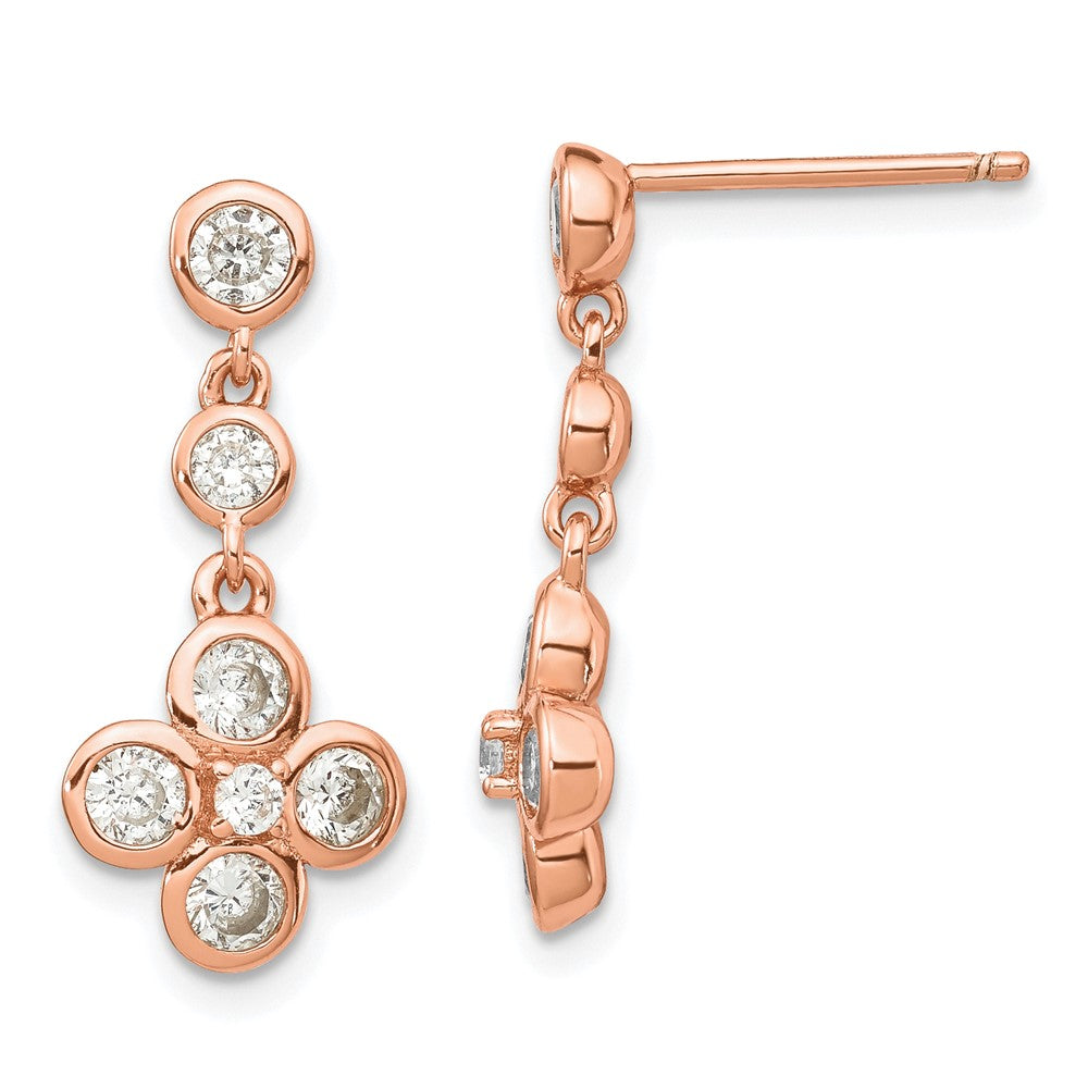 Sterling Silver Rose-tone Polished CZ Post Dangle Earrings