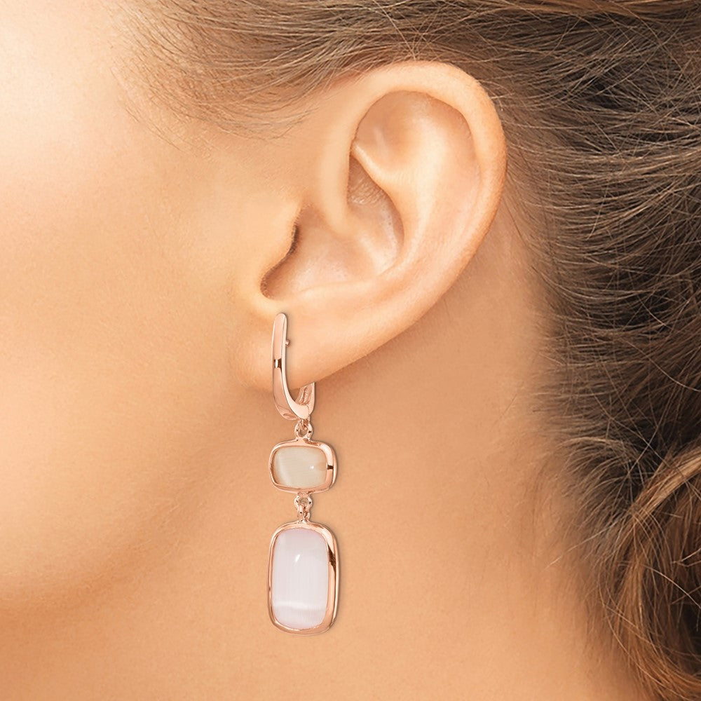 Sterling Silver Rose-tone Created Pink Cats Eye Dangle Earrings