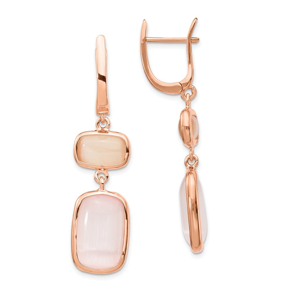 Sterling Silver Rose-tone Created Pink Cats Eye Dangle Earrings